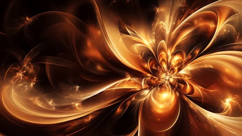 Abstract golden fractal bloom with curved luminous forms.