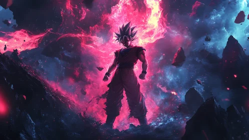 Cosmic warrior ignites twin nebula storms of power.