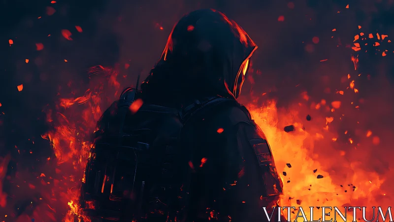 Silhouetted Figure Engulfed in Luminous Fire and Particle Effects