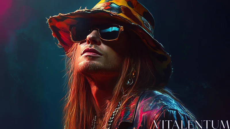 Neon-lit rocker in patterned bucket hat and sunglasses.