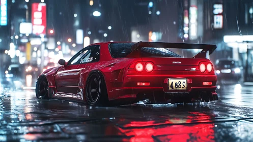 Modified red sports coupe is parked on wet city street at night