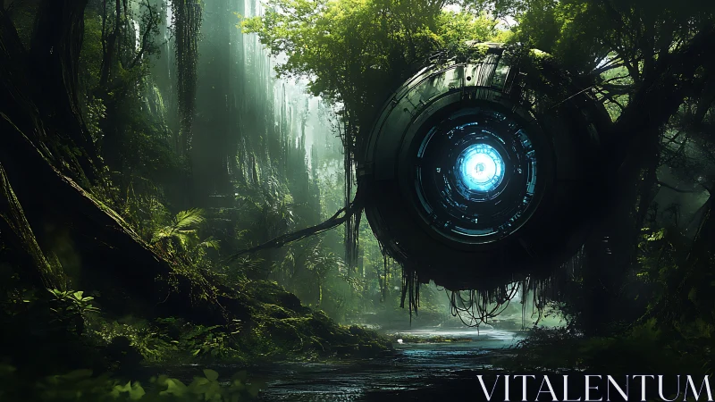 Circular technological structure suspended in dense jungle.