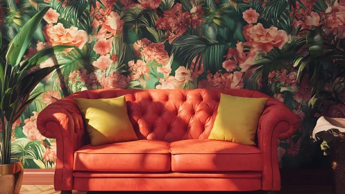 Coral sofa against dense floral tropical living room wall.