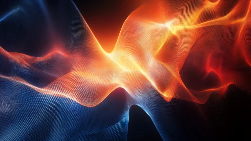 Dynamic bicolor energy waves rendered as luminous digital mesh