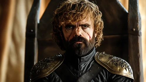 Scarred dwarf commander broods on a battered wooden throne.