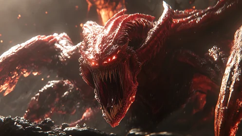 Fiery demon beast roaring through molten shadows.