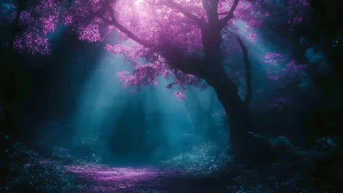 Luminescent Forest Path with Glowing Magenta Canopy.