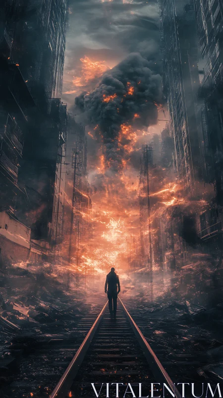 Solitary wanderer walks toward a blazing, ruined horizon