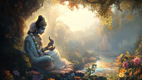 Divine figure in luminous forest sanctum contemplates nature.