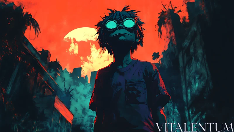 Midnight youth under neon skies and a burning red moon.