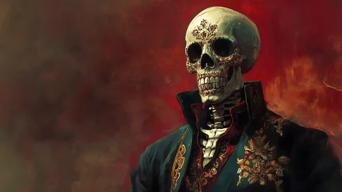 Regal skeletal noble stands amid fiery red gloom.