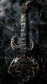 Marbled black electric guitar with gold hardware on smoky marble