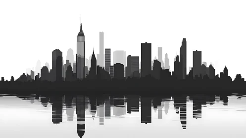 Monochrome urban skyline silhouette with mirrored water reflection