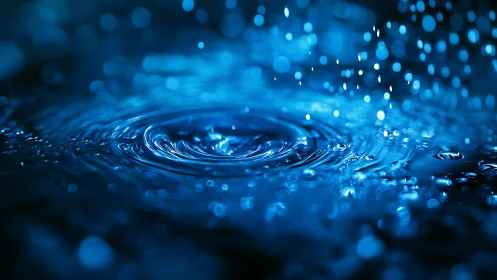 Photorealistic macro water ripples with luminous droplets focus.