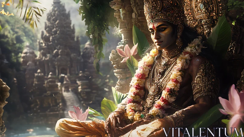 Serene temple guardian resting in golden morning light.