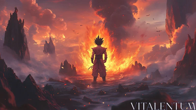 Fiery warrior stands strong before a blazing sky portal