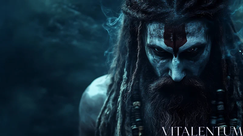 Intense ascetic figure with painted face and dreadlocks.