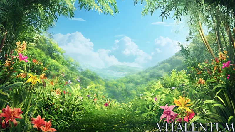 Sunlit jungle clearing whispers toward distant cloud hills