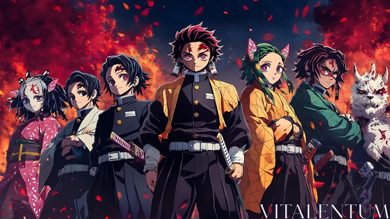 Anime ensemble lineup against infernal battlefield backdrop.