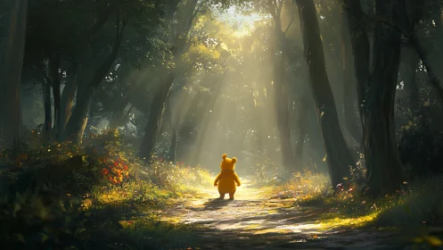 Yellow bear walks sunlit forest path toward glowing clearing