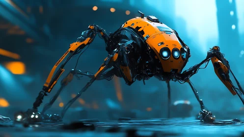 Four-legged orange inspection robot scans urban ruins.