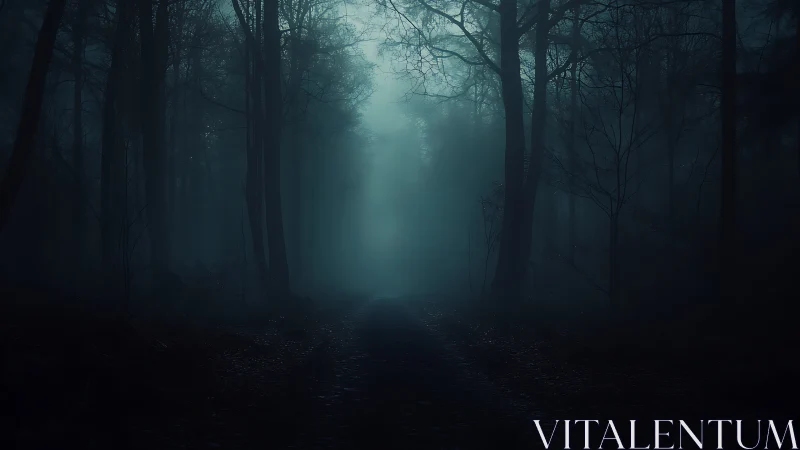 Moonless path slips into blue mist of a haunted forest.
