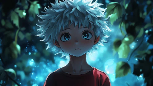 Anime boy under glowing forest light with wide eyes.