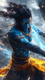 Digital painting of elemental blue warrior in dynamic combat pose.