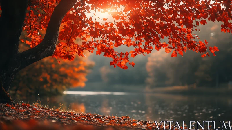 Golden autumn maple by a quiet lakeside at sunset.