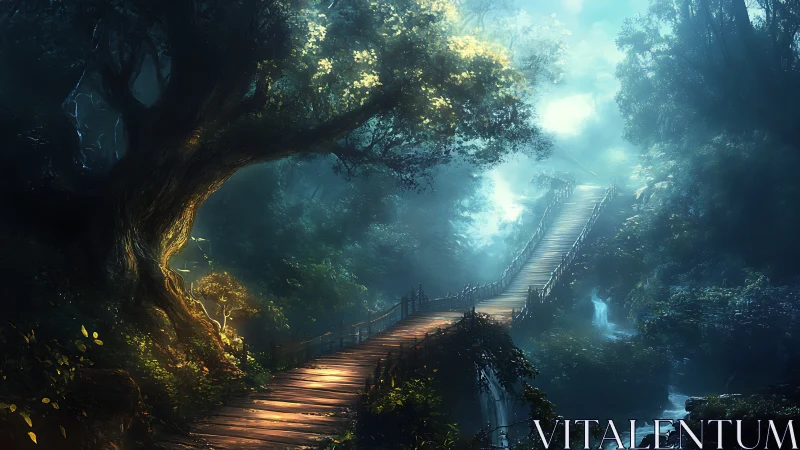 Luminescent Pathway Through Dense Forest Canopy with Volumetric Light Rendering