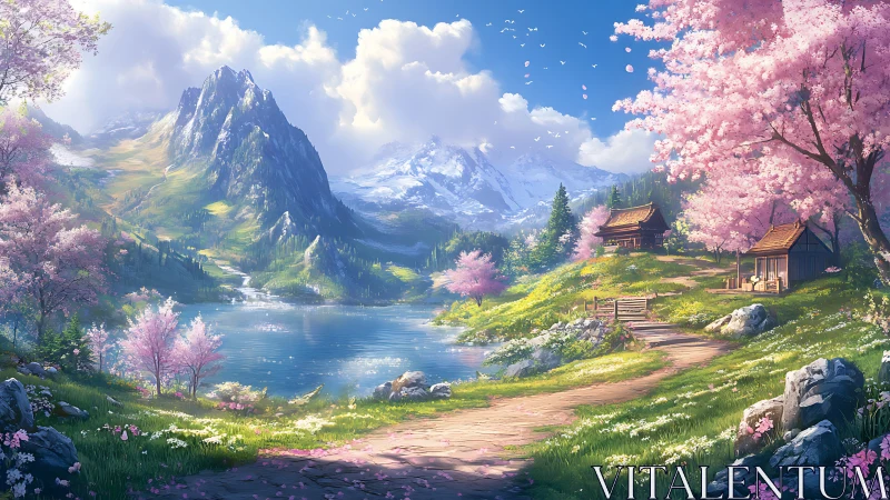 Idyllic alpine lake valley with cherry blossoms and wooden cabins