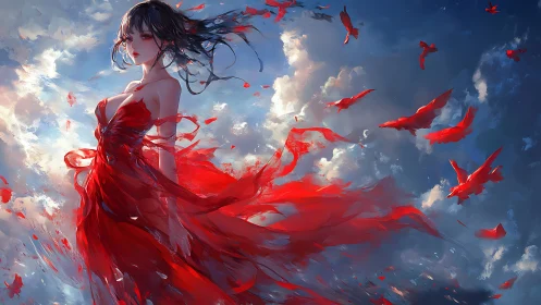 Scarlet-clad sky maiden rises amid drifting clouds and birds