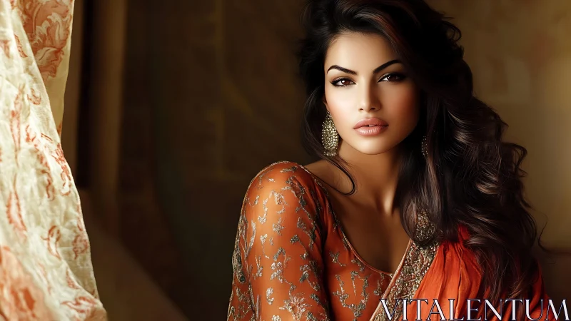 Elegant woman in embroidered orange sari against soft bokeh background