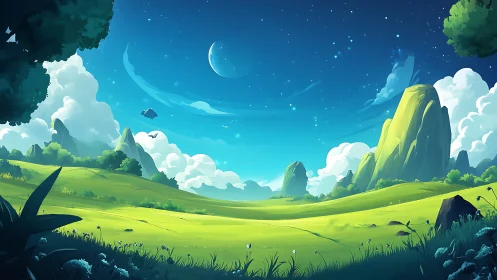 Luminous extraterrestrial valley under crescent planet sky.