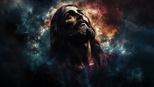 Portrait of a reverent figure rising from cosmic darkness