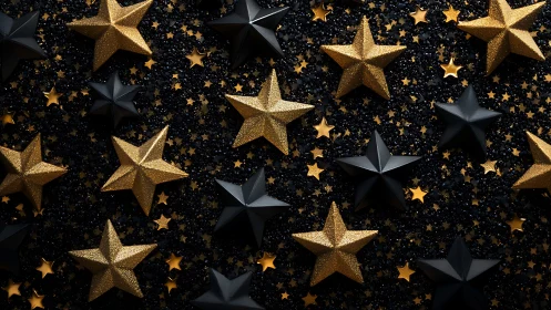 Shimmering gold and black stars scatter across a night sky