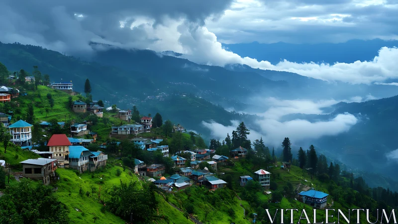 Mist-kissed mountain village nestled in rolling green hills.