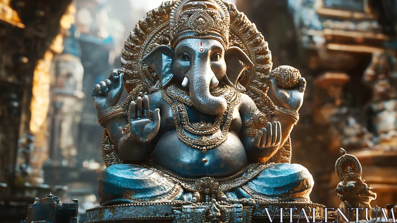 Radiant Ganesha statue glowing with warmth and quiet blessings.