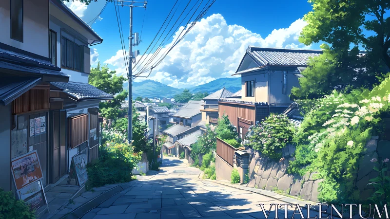 Sunlit Japanese hillside street descends toward distant mountains