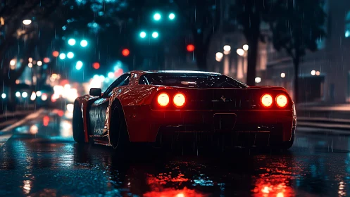 Rain-soaked supercar glows under neon city lights at night.