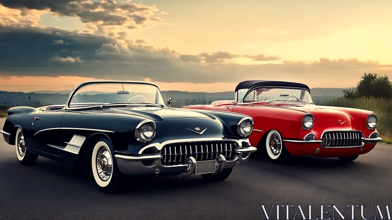 Twin vintage roadsters trade chrome smiles at sunset