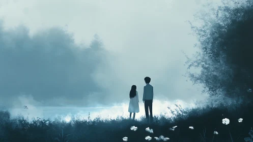 Silhouetted figures observe misty water landscape with atmospheric depth rendering