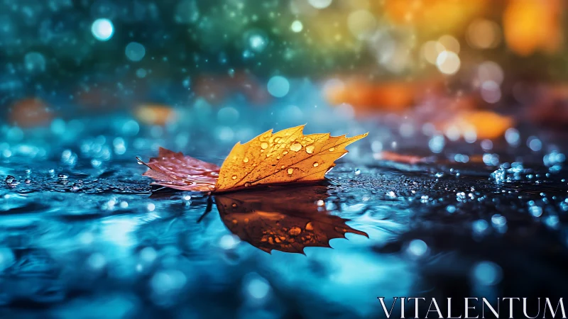 Golden autumn leaf rests on wet reflective pavement surface