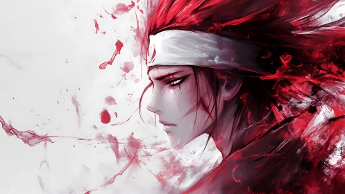 Scarred warrior in crimson aura stares into silent distance.