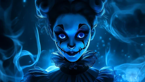 Ghostly doll portrait radiates eerie neon blue light.