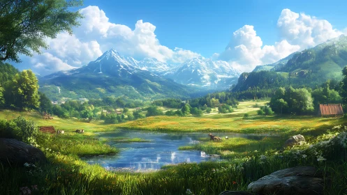 Sunlit alpine valley rendered as high-detail digital landscape