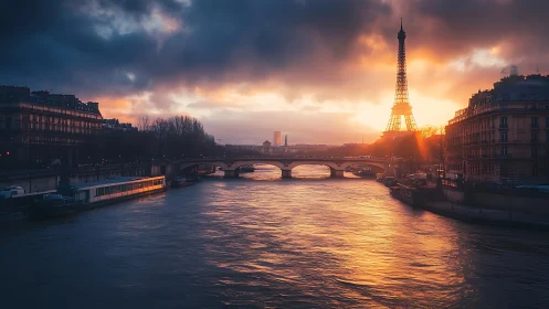 Sunset illuminates Eiffel Tower above reflective Seine waters