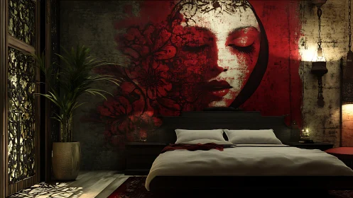 Moody bedroom with red mural and dramatic side lighting.