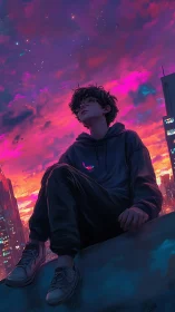 Dreamy rooftop night under neon painted city skies.