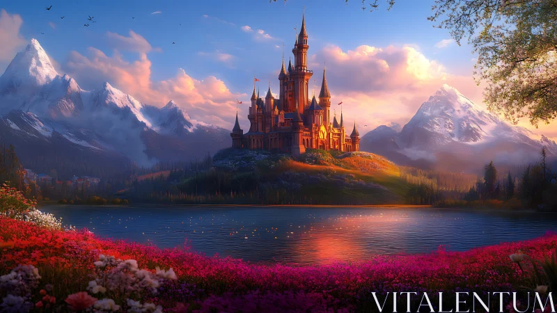 Sunlit fantasy castle above alpine lake at golden hour.